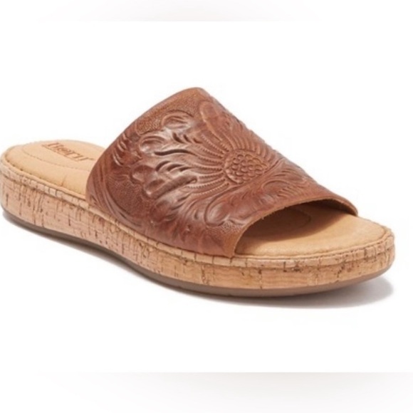 Born Shoes - BORN embossed floral leather sandal brown and tan cork bottom